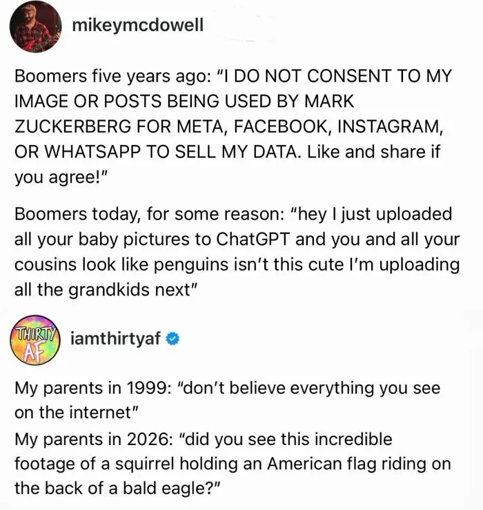 A funny millennial memes tweet comparing boomers fearing data theft in the past to trusting AI images today