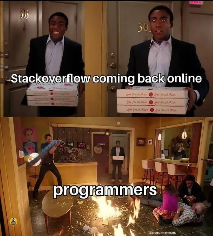 Programmers reacting to Stackoverflow coming back online meme with fire in the room
