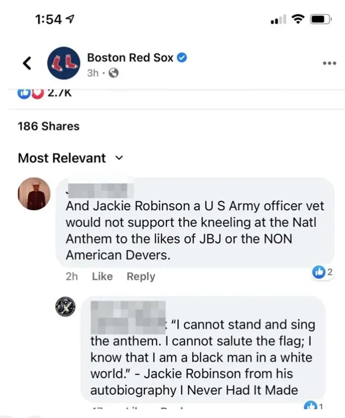 Social media comments debating Jackie Robinson and national anthem on Boston Red Sox post