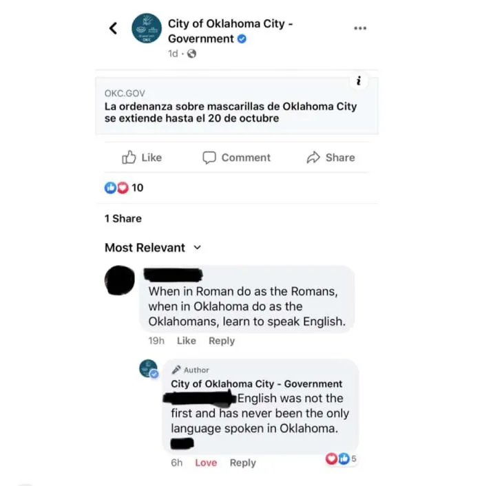 Social media post arguing about language in Oklahoma City mask ordinance post