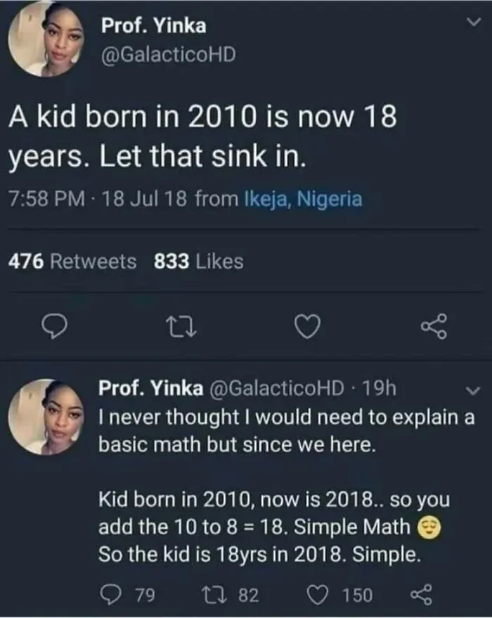 Funny tweet wrongly calculating age of kid born in 2010 with basic math error