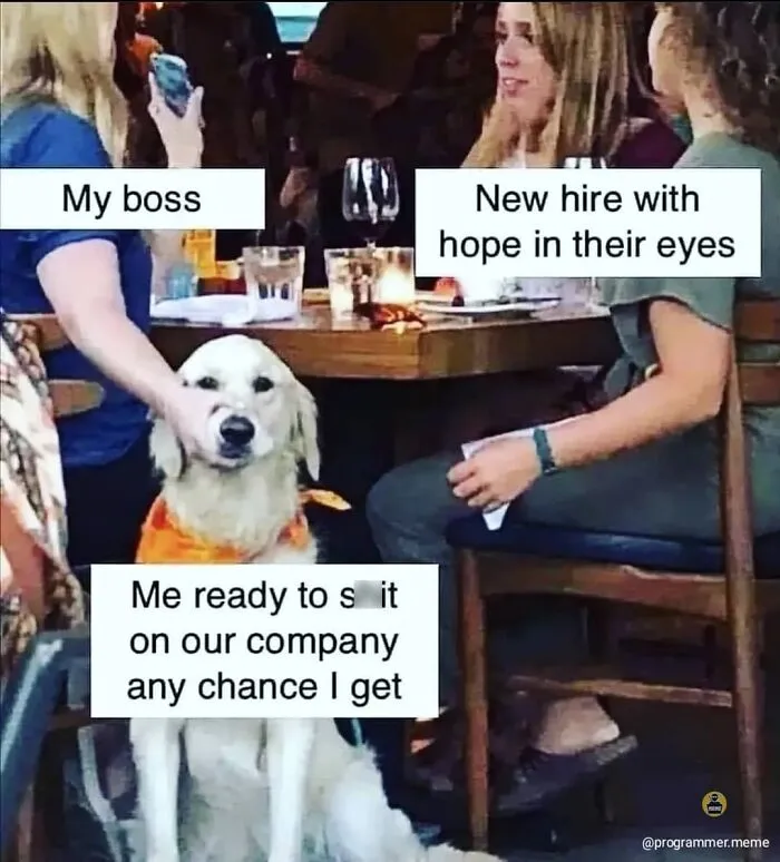 Meme showing new hire hope and boss with employee ready to quit company