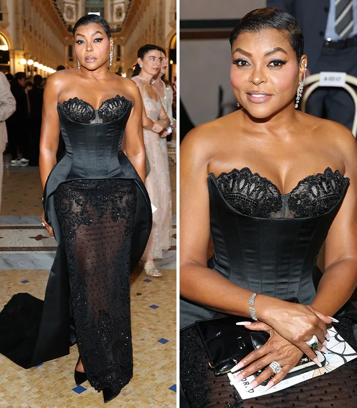 Woman in black corset and sheer skirt at plastic surgery expo