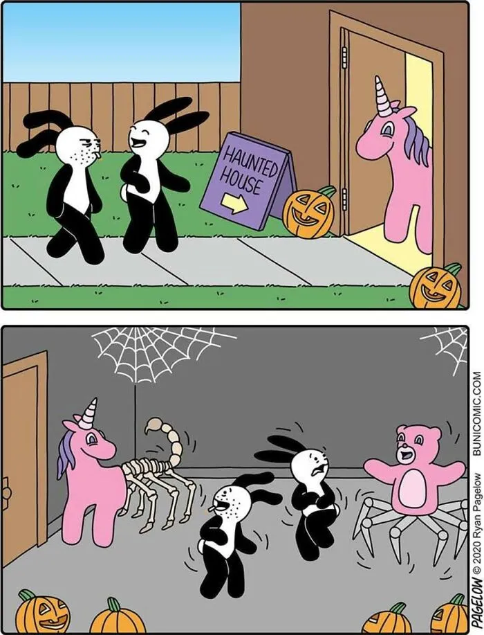A Buni Comics strip where a pink unicorn spooks rabbits with scary costumes inside a haunted house