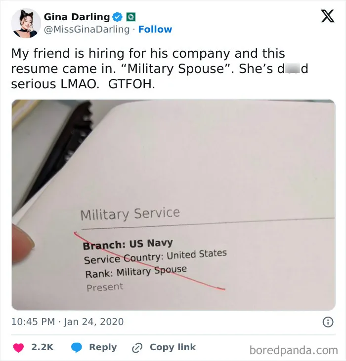 A resume screenshot of entitled people listing Military Spouse as a rank under military service