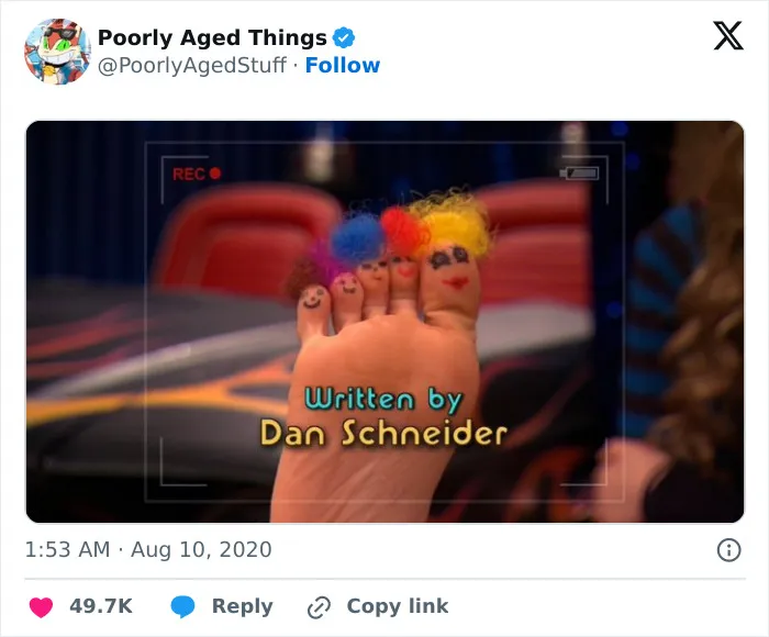 A Dan Schneider TV show credit featuring painted toes that aged poorly