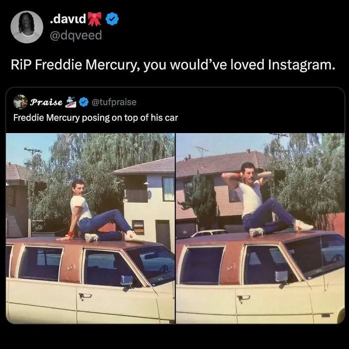Relatable funny millennial memes tweet about Freddie Mercury posing on a car, perfect for Instagram