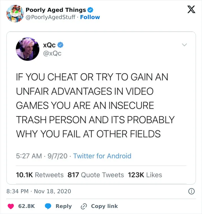 A Tweet by xQc about cheating in video games that aged so poorly.