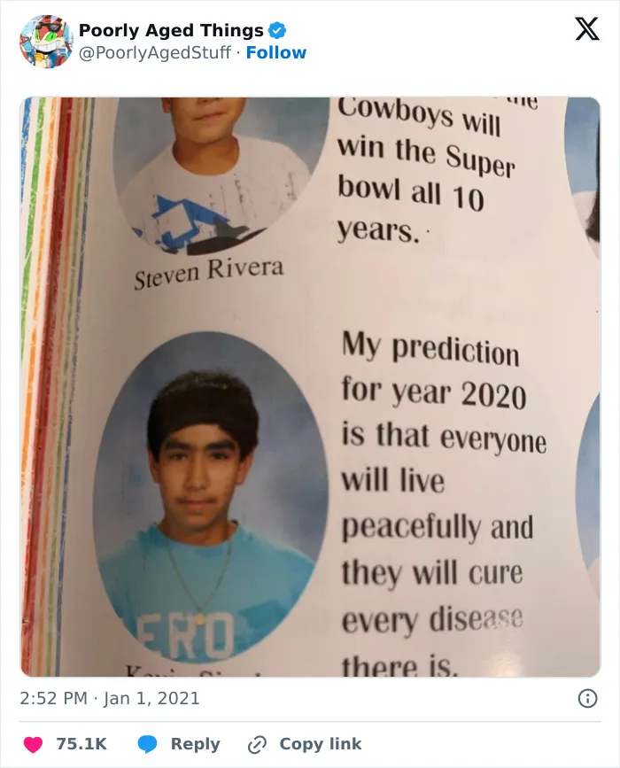 A school yearbook prediction for 2020 saying everyone will live peacefully, showing ideas that aged poorly.