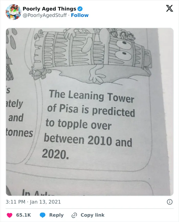 A newspaper prediction about the Leaning Tower of Pisa that aged poorly