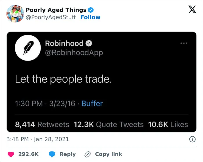 A Tweet from Robinhood in 2016 saying Let the people trade, which aged so poorly