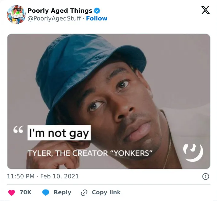 A social post about Tyler the Creator with text that aged poorly as he later came out.