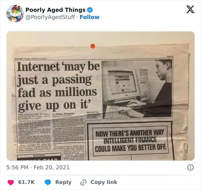 Vintage newspaper article stating the internet is a passing fad, a funny example of things that aged poorly.