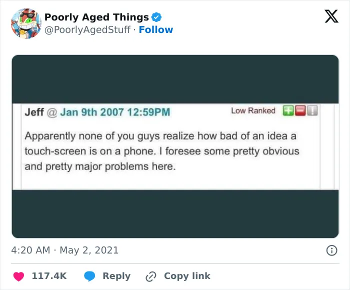 A 2007 online comment claiming touch-screens are a bad idea, showing things that aged so poorly