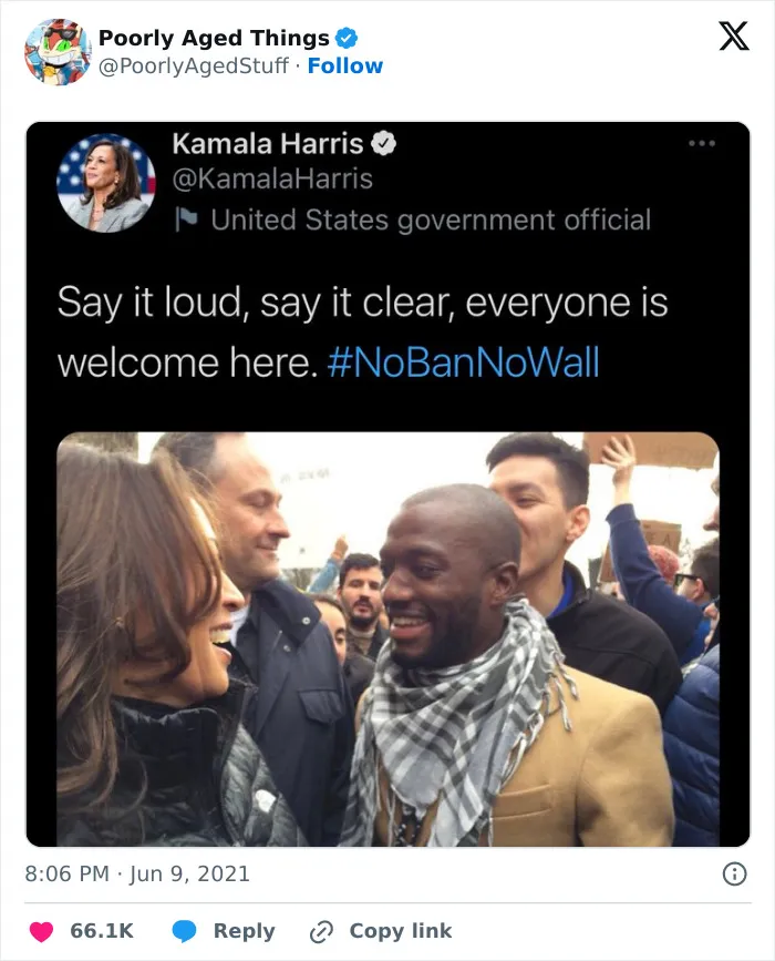 A tweet by Kamala Harris that has aged poorly regarding US border policy and welcome messages.
