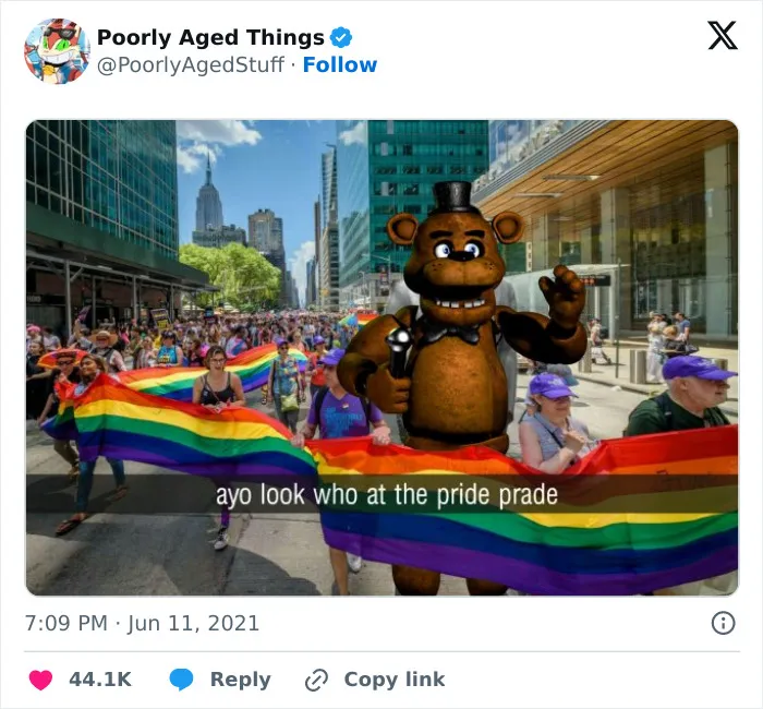 A meme with Freddy Fazbear at a pride parade which aged so poorly