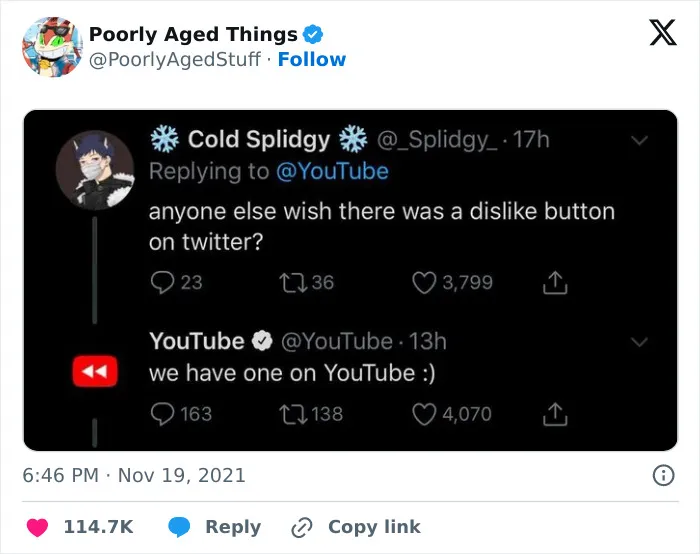YouTube comment boasting about its dislike button, showcasing things that aged so poorly.