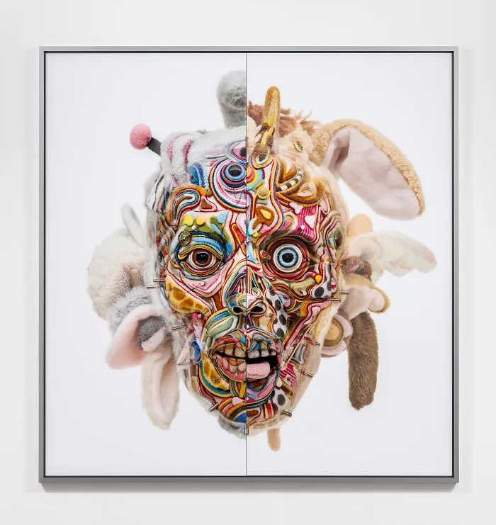 A split-face artwork displaying unusual sculptures combining knitted details with soft plush animal ears