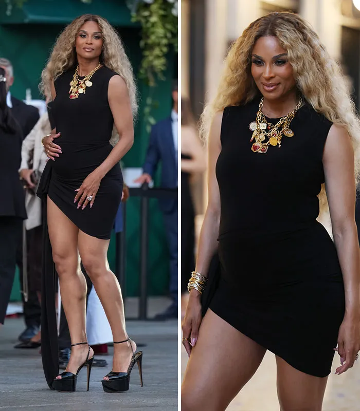Celebrity in black dress and gold jewelry at plastic surgery expo event
