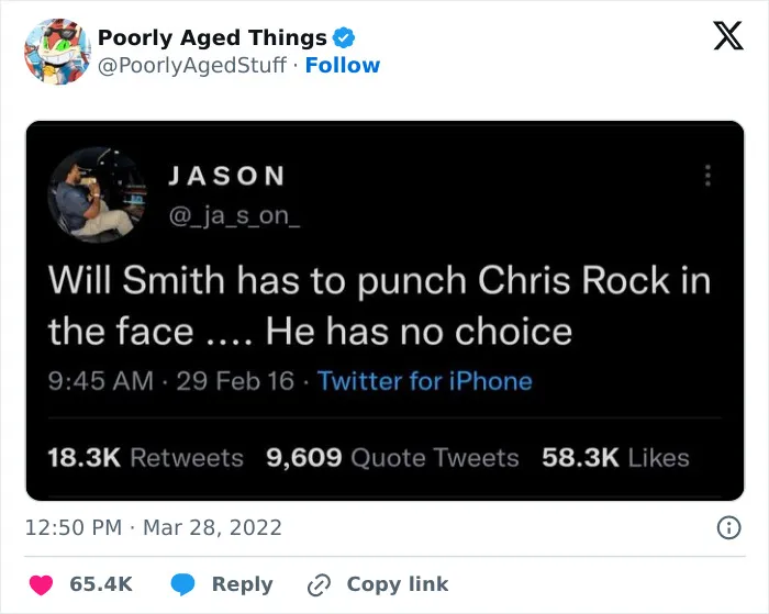 An old tweet about Will Smith and Chris Rock that aged so poorly.
