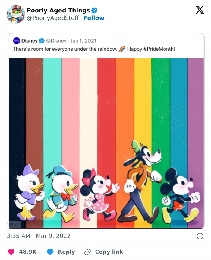 Disney Pride Month tweet with classic characters, showcasing corporate marketing that aged poorly.