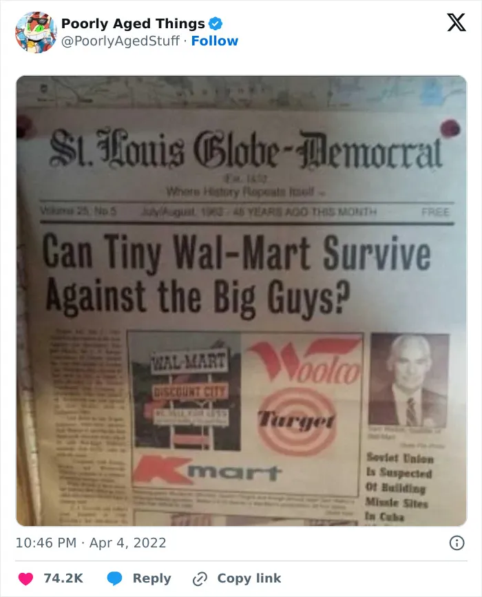 A vintage newspaper headline asking if tiny Wal-Mart can survive against the big guys, showcasing things that aged poorly.