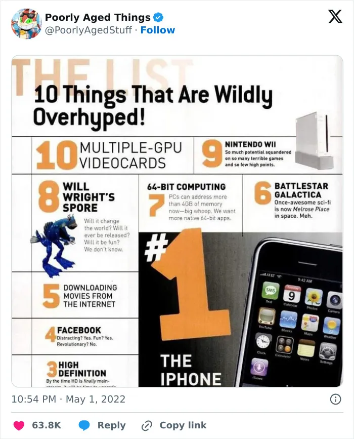 A magazine list claiming the iPhone is wildly overhyped that aged poorly