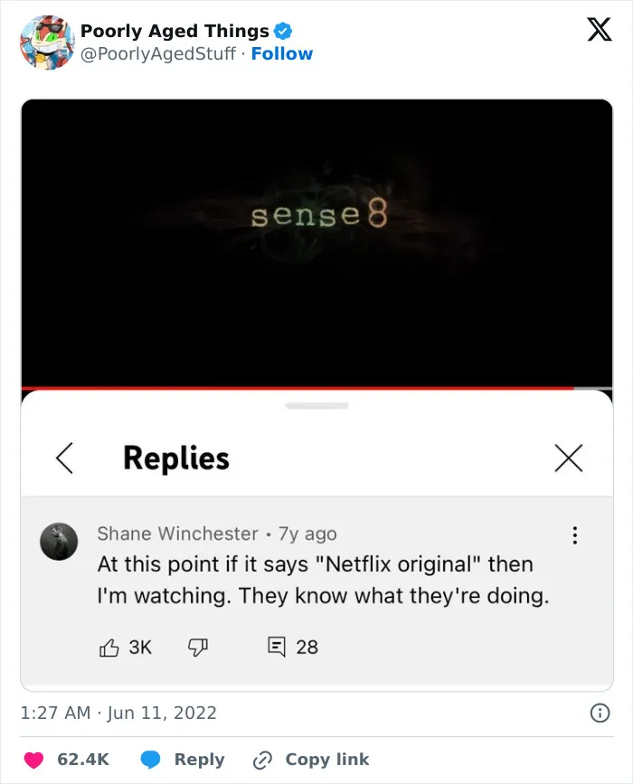 A poorly aged YouTube comment praising Netflix originals above the show Sense8 title card.