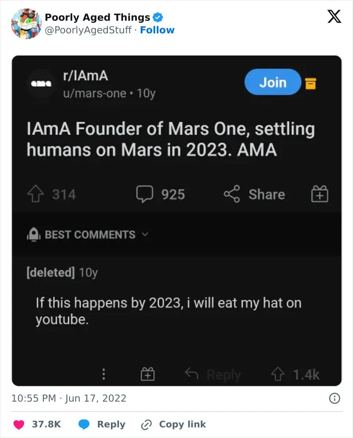 An old Reddit AMA about a Mars One mission that aged poorly, proving to be one of the things that aged so poorly.