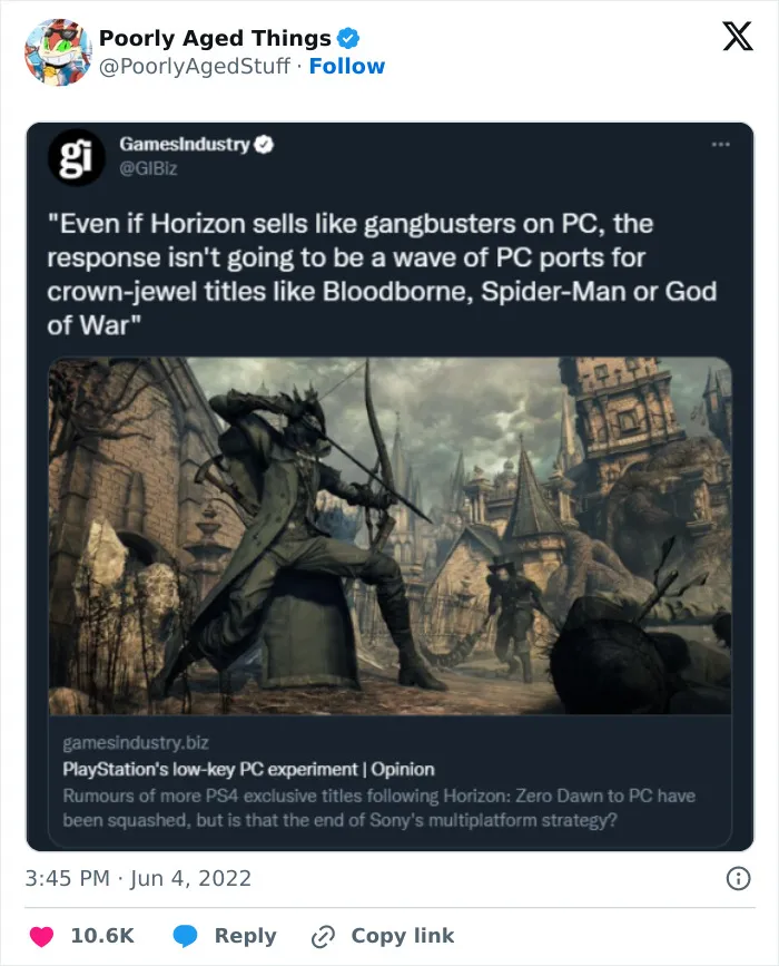 A Tweet about PlayStation PC ports, representing things that aged poorly as games later came to PC.