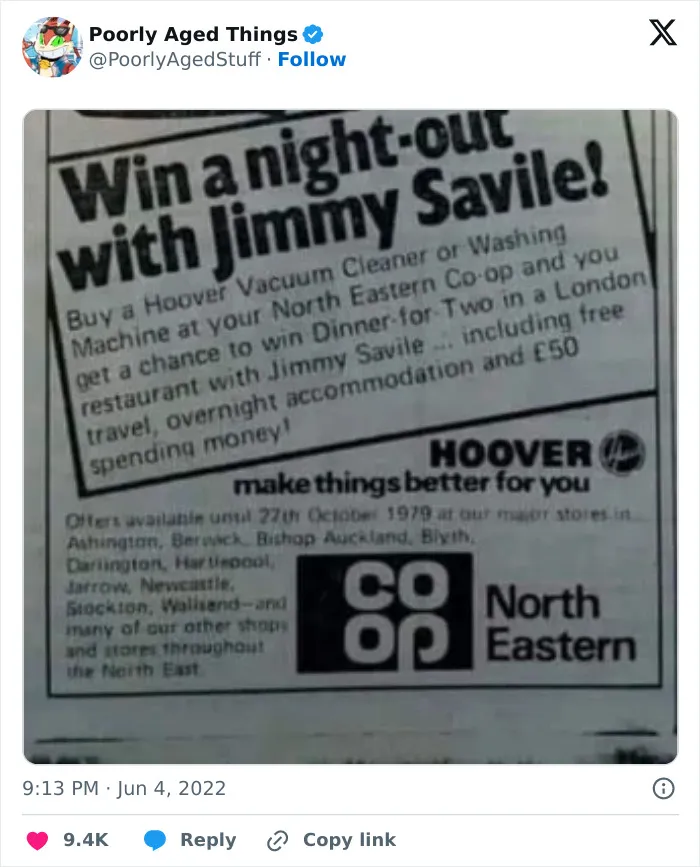 A vintage newspaper ad offering a night out with Jimmy Savile, highlighting things that aged so poorly