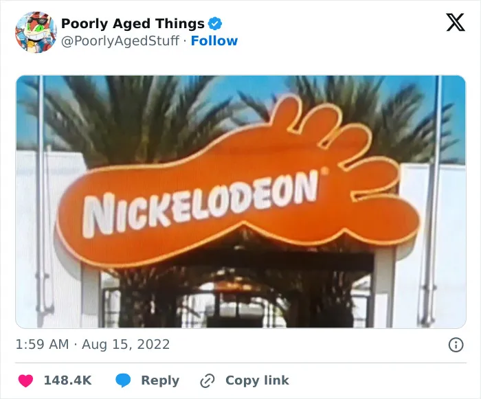The iconic orange foot-shaped Nickelodeon logo at a studio entrance, demonstrating poorly aged branding.