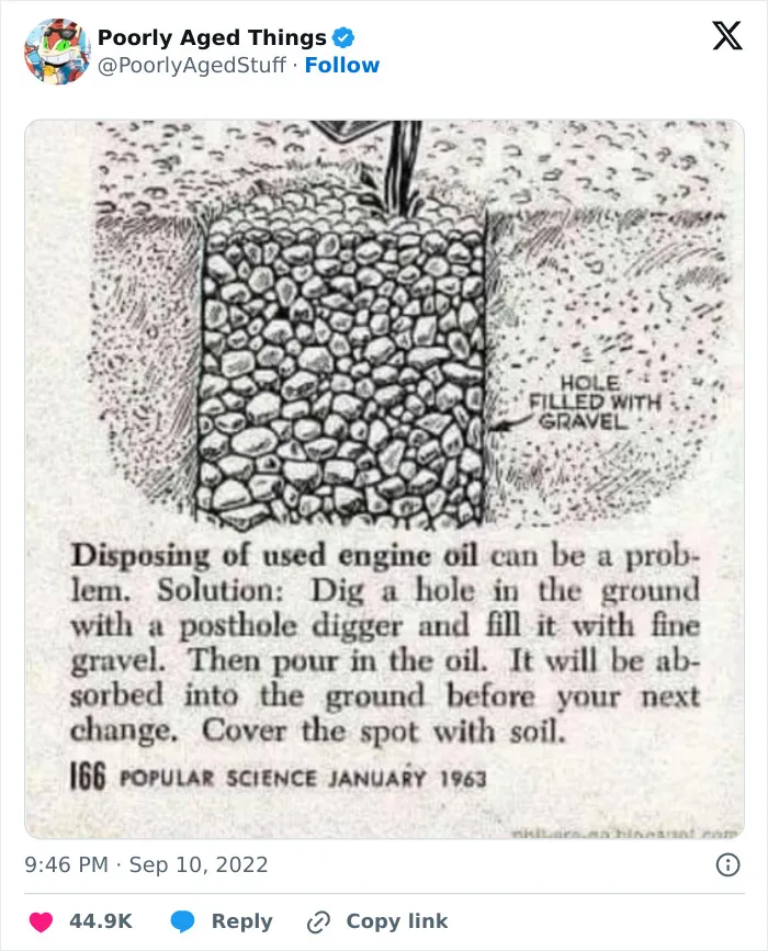 A vintage 1963 article clipping that aged so poorly on disposing used engine oil by pouring it into the ground