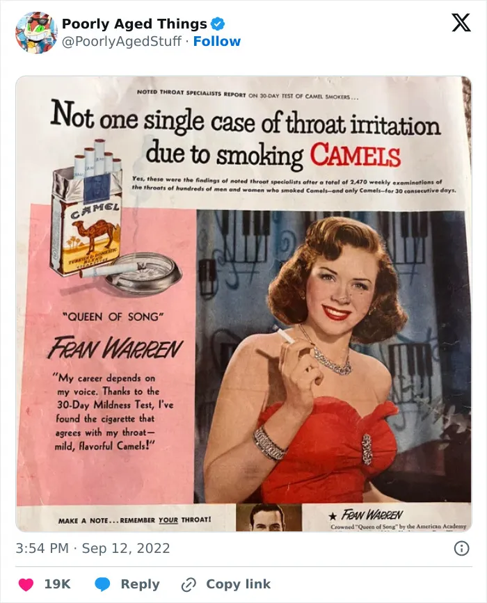 A vintage Camel cigarette advertisement featuring singer Fran Warren, showcasing things that aged so poorly.