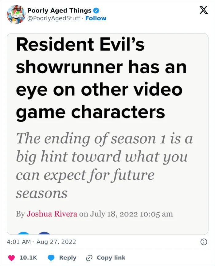 A news article headline about Resident Evil's showrunner planning future seasons, showing things that aged poorly.