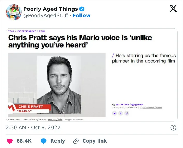 A Tweet about Chris Pratt's Mario voice acting that aged poorly