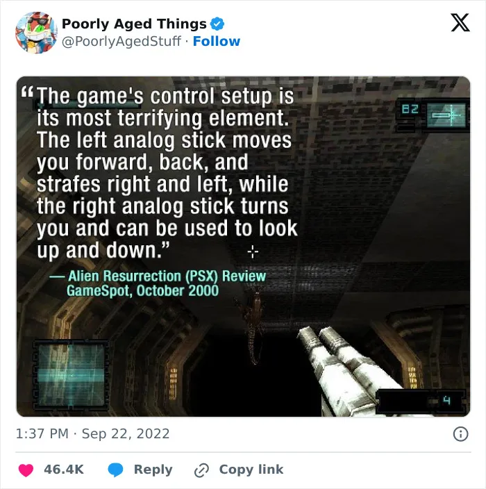 A poorly aged review from 2000 criticizing a game's dual analog stick control setup which is now standard.