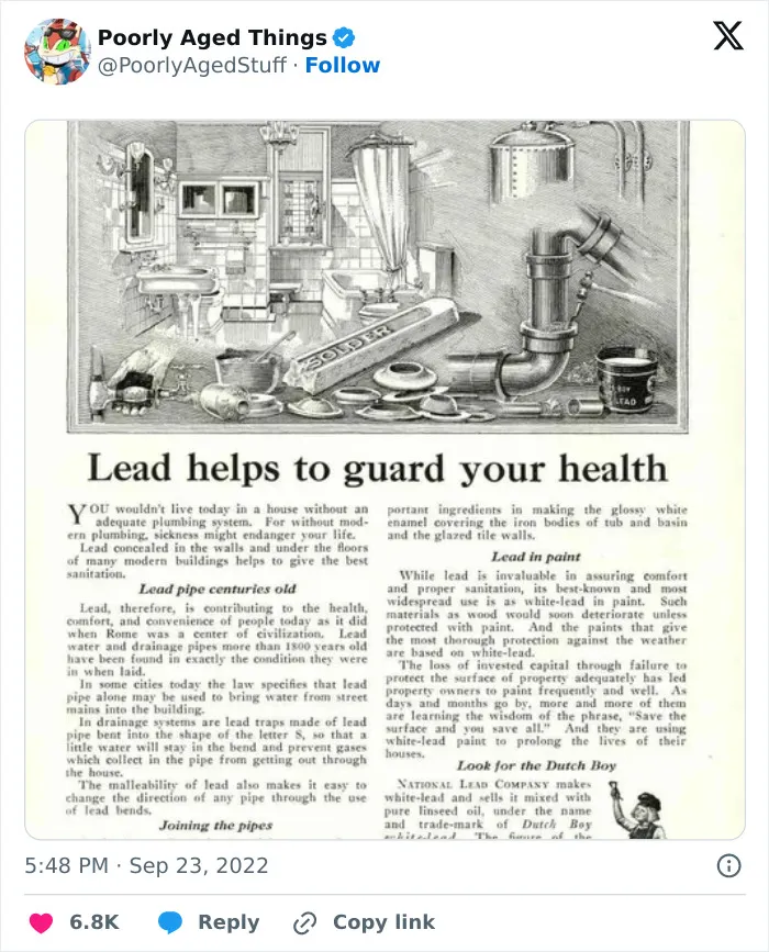 Vintage advertisement stating Lead helps to guard your health, illustrating things that aged poorly.