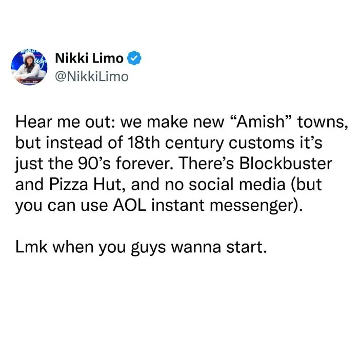 Relatable millennial memes discussing a nostalgic 90s-themed Amish town.