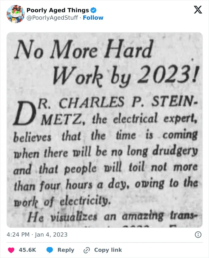 An old newspaper article predicting no more hard work by 2023 that aged poorly