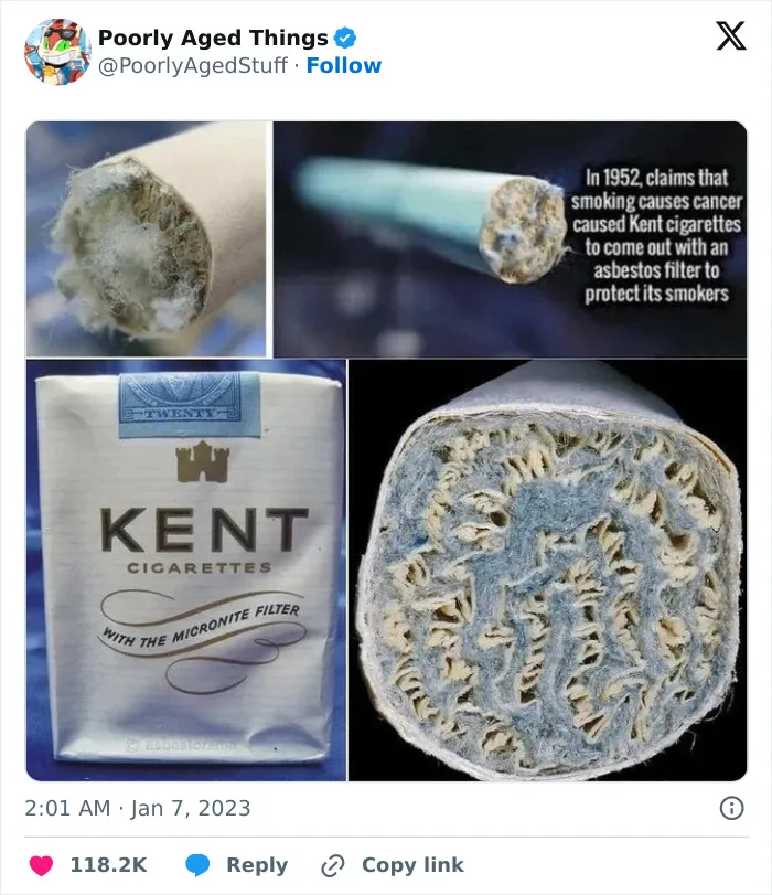 An advertisement for Kent cigarettes with an asbestos filter showing things that aged poorly.