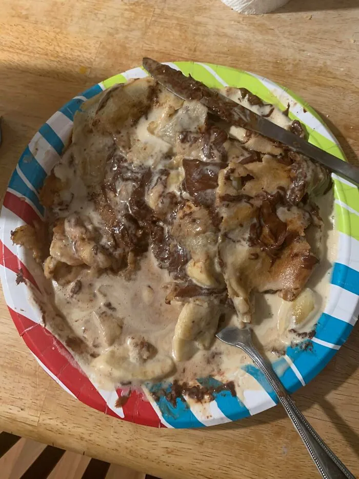 Messy melted ice cream dessert on paper plate cooking fail