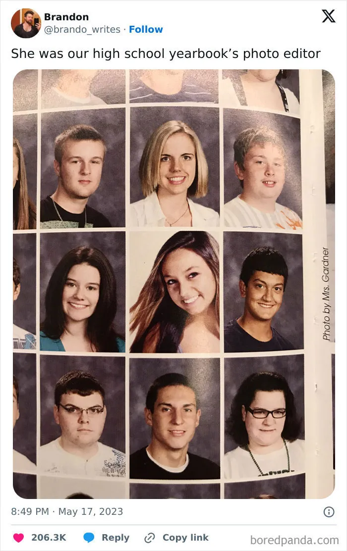 A school yearbook photo grid where one girl stands out, a humorous take on main character lives