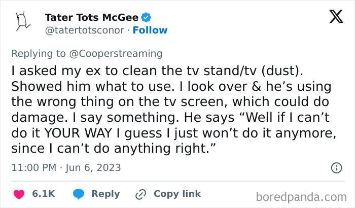 A social media post about weaponized incompetence, showing the audacity some men bring into women's lives.