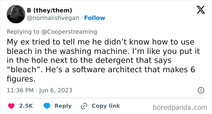 A Tweet about a software architect unable to use bleach, showing the audacity some men bring into women's lives.
