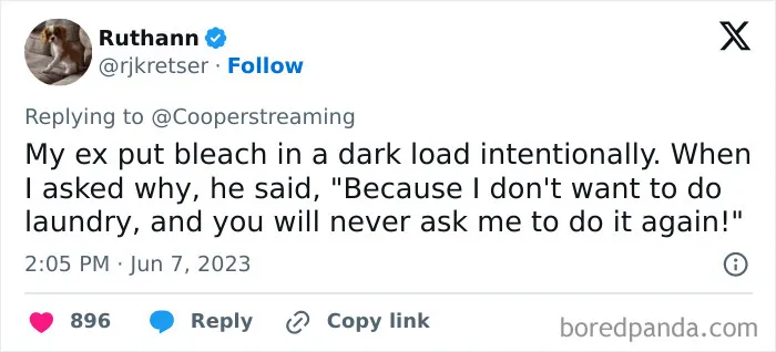 A Tweet detailing intentional laundry sabotage, showcasing the audacity some men bring into women's lives.
