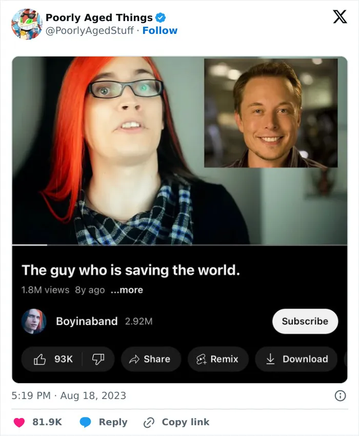 A YouTube screenshot of a video titled The guy who is saving the world, highlighting things that aged so poorly.
