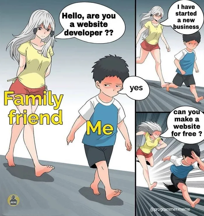 Anime style comic of family friend asking for free website from a website developer meme