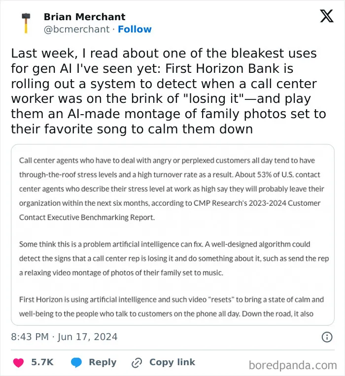 Tweet about AI-made montages to calm stressed call center workers, reflecting a dystopian American dream.