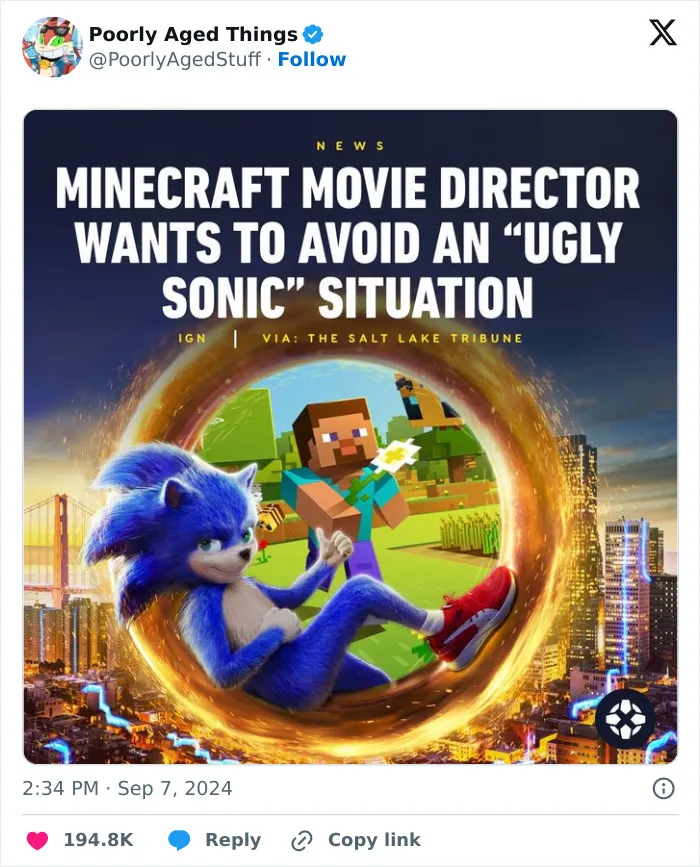 An IGN news graphic about the Minecraft movie avoiding an Ugly Sonic situation, representing things that aged so poorly.